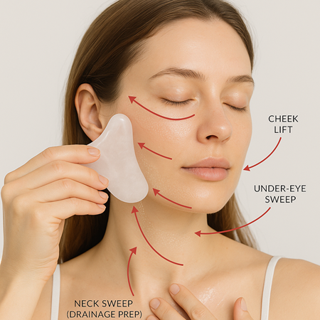 Gently move the GuaSha along the Meridian Lines of your body